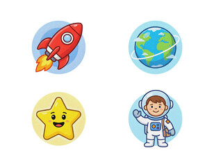 Fototapeta premium Cute space exploration icons set with rocket earth star and astronaut exploration adventure astronomy universe childish