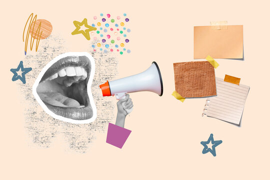 Collage de una boca abierta de mujer con un megafono junto a unos post it sobre un fondo beige. Vista de frente y de cerca. Copy space