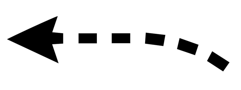Black dashed curved arrow pointing left isolated on white background with dashed line direction navigation pointing abstract movement