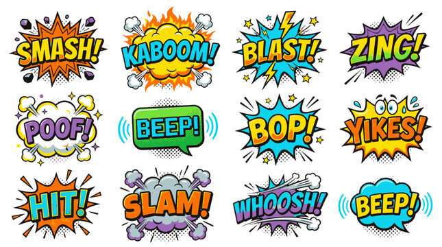 Smash and kaboom comic speech bubble onomatopoeia collection.