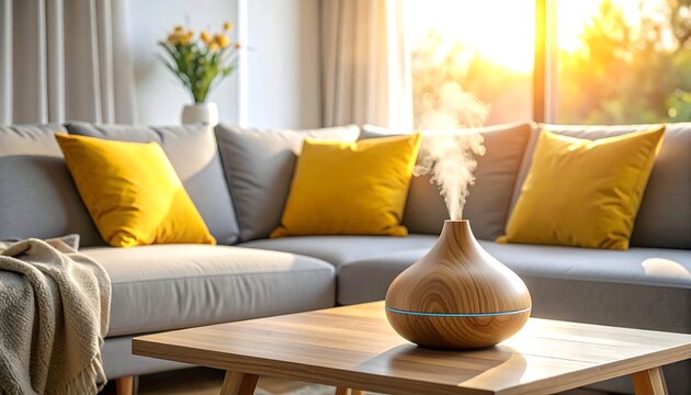 Cozy living room with sunlight shining on a modern wooden diffuser emitting mist