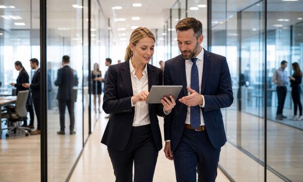 Two business professionals discussing a tablet in a modern office environment with colleagues in the background.