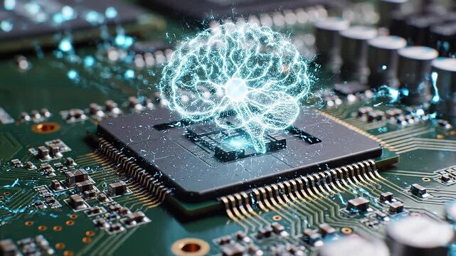 A glowing digital brain above a central microchip on a circuit board, symbolizing artificial intelligence, machine learning, and human‑technology fusion.