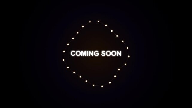 Coming Soon Text with Glowing Fairy Lights Border on Black Background for Business Announcement and Product Teasers