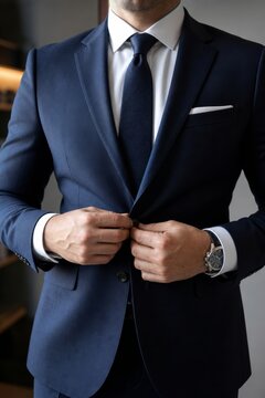 Well-dressed businessman in a navy blue suit adjusting his jacket in a professional setting.
