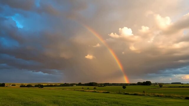 Sun Breaks Through Storm Clouds, Rainbow Emerges