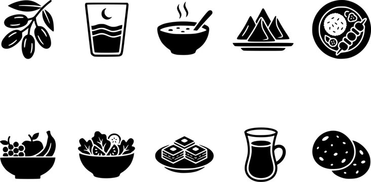 Food and drink icons showcase various meals and beverages in a single frame