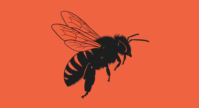 Black silhouette of a bee in flight against a vibrant orange background.