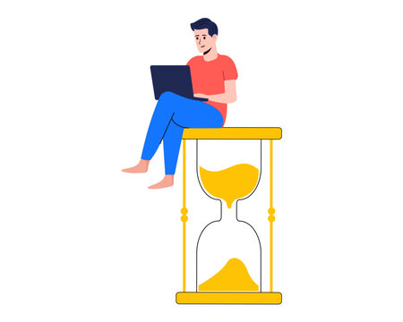 man sitting on hourglass and working on his laptop time management multitasking and deadline vector illustration