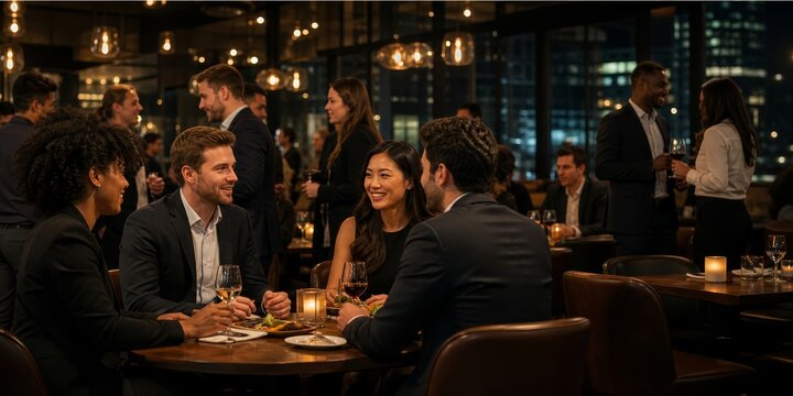 Group of friends enjoying a night out at a trendy restaurant with a city view