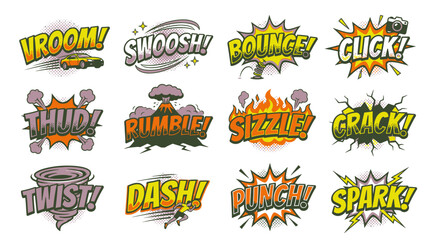 Fototapeta premium Polished Vroom and Swoosh comic book action stickers.