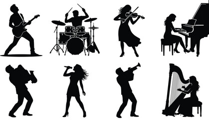 Musician and Musical Instrument Silhouette Icons Set Featuring Guitar Drums Violin Piano Saxophone Trumpet and Harp © MstRumana
