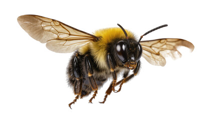 Bumblebee with fuzzy yellow and black body and wings in flight