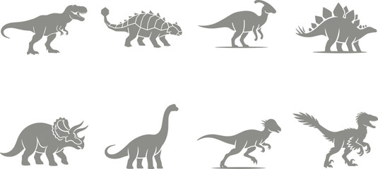 Prehistoric Dinosaur Silhouette Icons Set Featuring Tyrannosaurus Triceratops Stegosaurus Ankylosaurus Sauropod and Raptor Collection © MstRumana