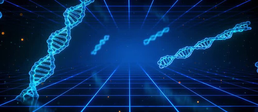 Futuristic Digital DNA Helix with Neon Blue Grid and Binary Code