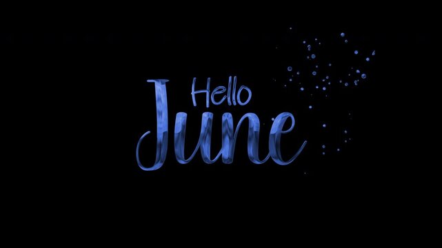 Blue cursive hello june text on black background suitable for greeting cards, social media posts, prints, and designs. Fresh and artistic.