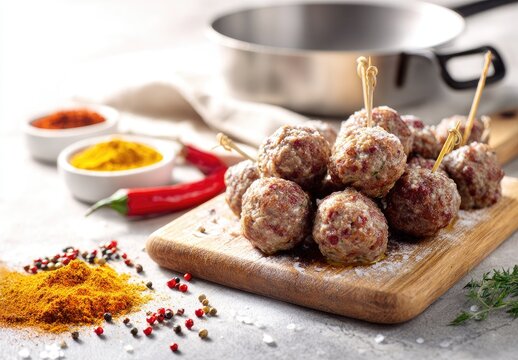 Savory meatballs on skewers with vibrant spices and a metal pan