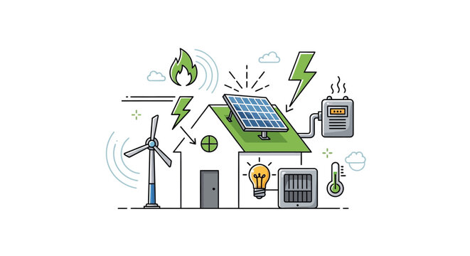 Conceptual illustration of renewable energy sources and sustainable home power solutions