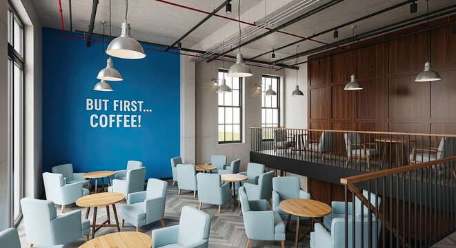 Stylish empty modern coffee shop interior with industrial design, comfortable seating, and a vibrant blue wall