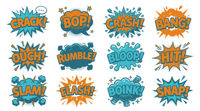 Teal and orange themed comic sound effect bubble set