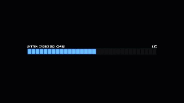 Digital progress bar animation showing system injecting cores with percentage counter on black background for tech and gaming concepts
