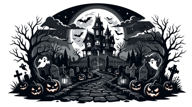 Black and white haunted house scene.