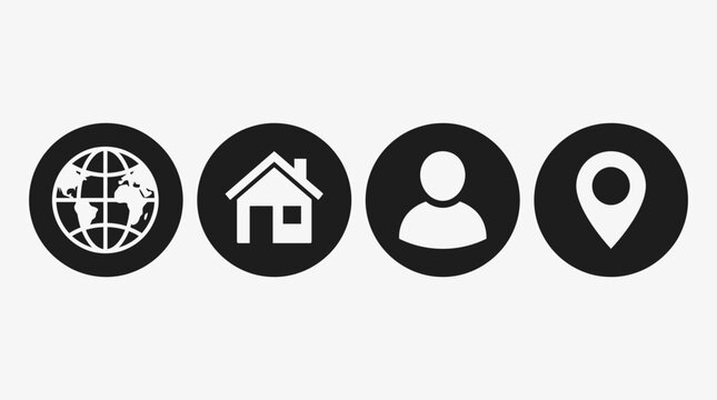 Black and white icons on circles.