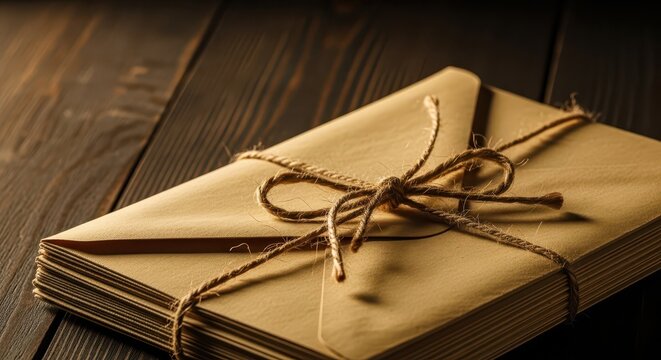 Stack of Vintage Brown Kraft Envelopes Tied with Jute Twine Bow on Dark Rustic Wooden Table