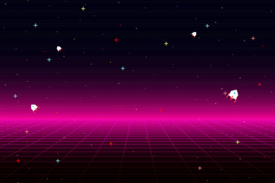 Retro cyberpunk style 80s game pink scene pixel art 8-bit sci-fi background. glowing neon grid and stars from vintage arcade computer games.
