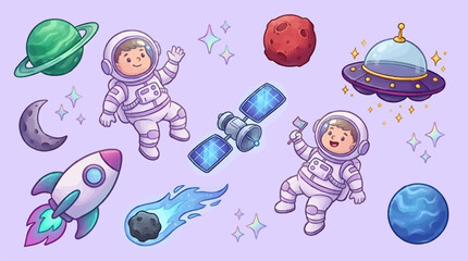 Cute Cartoon Space Elements Collection: Astronauts, Planets, Rocket, UFO, Satellite, Moon, Meteor, Stars, Flat Illustration © Ari