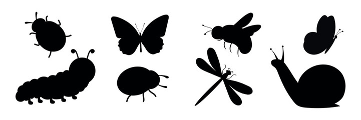Insects silhouette vector set, black bugs silhouettes collection with butterfly, bee, snail, caterpillar and ladybug isolated on white background. © Nadiia