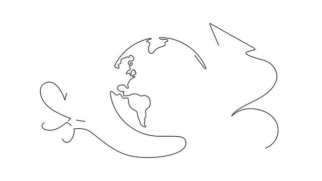 One Line Illustration &ndash; Earth Globe and Airplane Travel Love Concept