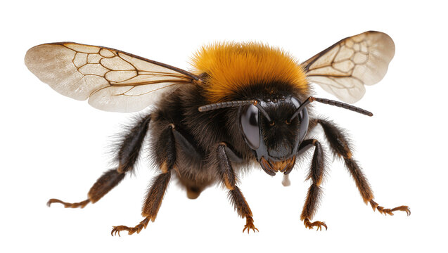 Bumblebee with orange fuzzy head and black body wings spread