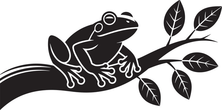 Black and white frog sitting on branch with leaves