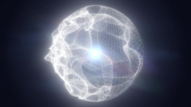 Glowing white abstract sphere with translucent plasma texture and radiant inner light on a dark background, symbolizing futuristic energy and digital science.