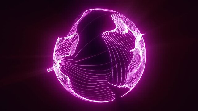 Bright magenta abstract sphere formed by flowing wireframe lines and glowing curves on a dark background, ideal for futuristic technology concepts.
