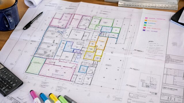 Architectural blueprint with color-coded sections for subcontractor responsibilities.