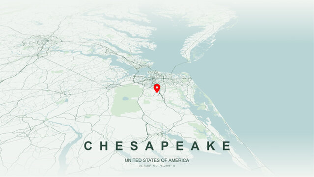 Modern minimalist vector map of Chesapeake, Virginia, USA. High-quality scalable illustration of Chesapeake city grid, Interstate 64 and I-464 highway interchanges for posters design.
