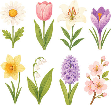 Hand-drawn spring flower icon collection featuring colorful botanical elements in a textured flat vector style. This charming set includes blooming flowers, leaves, and floral decorations with soft pa