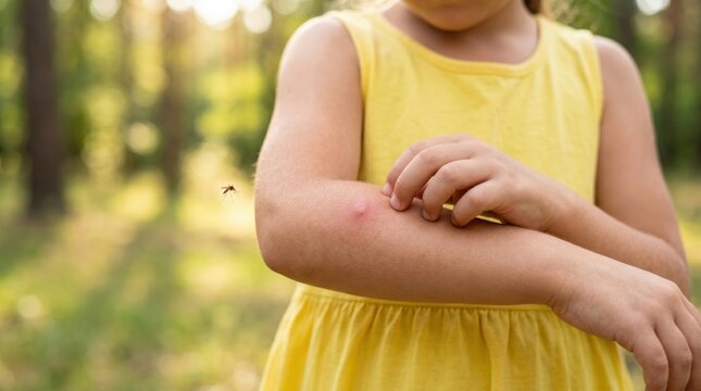 Child scratching a mosquito bite on the arm outdoors in a summer park. Close-up of skin irritation from an insect bite, highlighting itching, allergy symptoms, pediatric health
