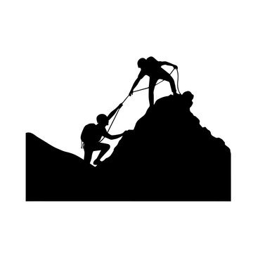 Mountain Climbers Teamwork Silhouette - Climber Pulling Partner up Peak Summit with Rope, Team Achievement Expedition Vector Clipart in image_a7090a.png
