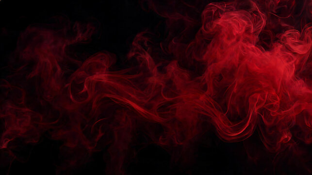 Red smoke on black background. crimson mist wave texture. mysterious scarlet fog overlay, moody ruby vapor swirl background.