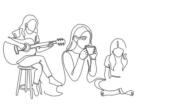 One Line Illustration &ndash; Five Girls Drinking Coffee, Reading Books and Playing Guitar