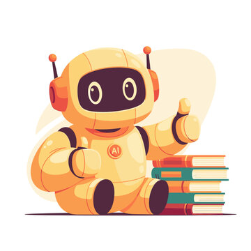 Cute AI robot giving thumbs up with stack of books