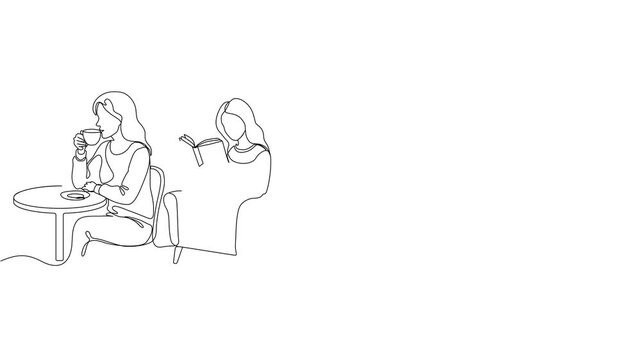 One Line Illustration &ndash; Five Girls Enjoying Coffee, Books, Music and Flowers