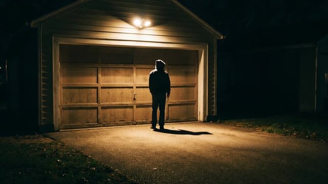 Hooded figure standing at the edge of light before a closed garage door