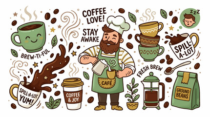 Whimsical Cartoon Coffee Collection with Barista, Cups, Beans, and French Press, "Coffee Love" and "Stay Awake" Text, Flat Illustration Style © Sumini