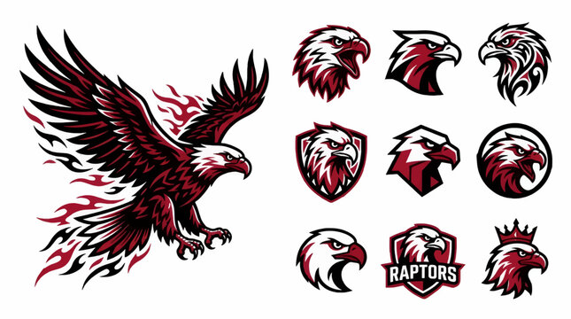 Collection of Flat Vector Eagle and Raptor Logos with Flames, Shields, and Crown, Sports Team Emblems and Mascot Illustration