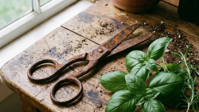 Vintage rusty metal scissors next to fresh green basil leaves, used for harvesting herbs