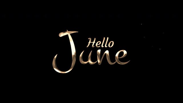 Gold metallic hello june lettering on dark black background for elegant cursive typography suitable for greeting cards and social media.
